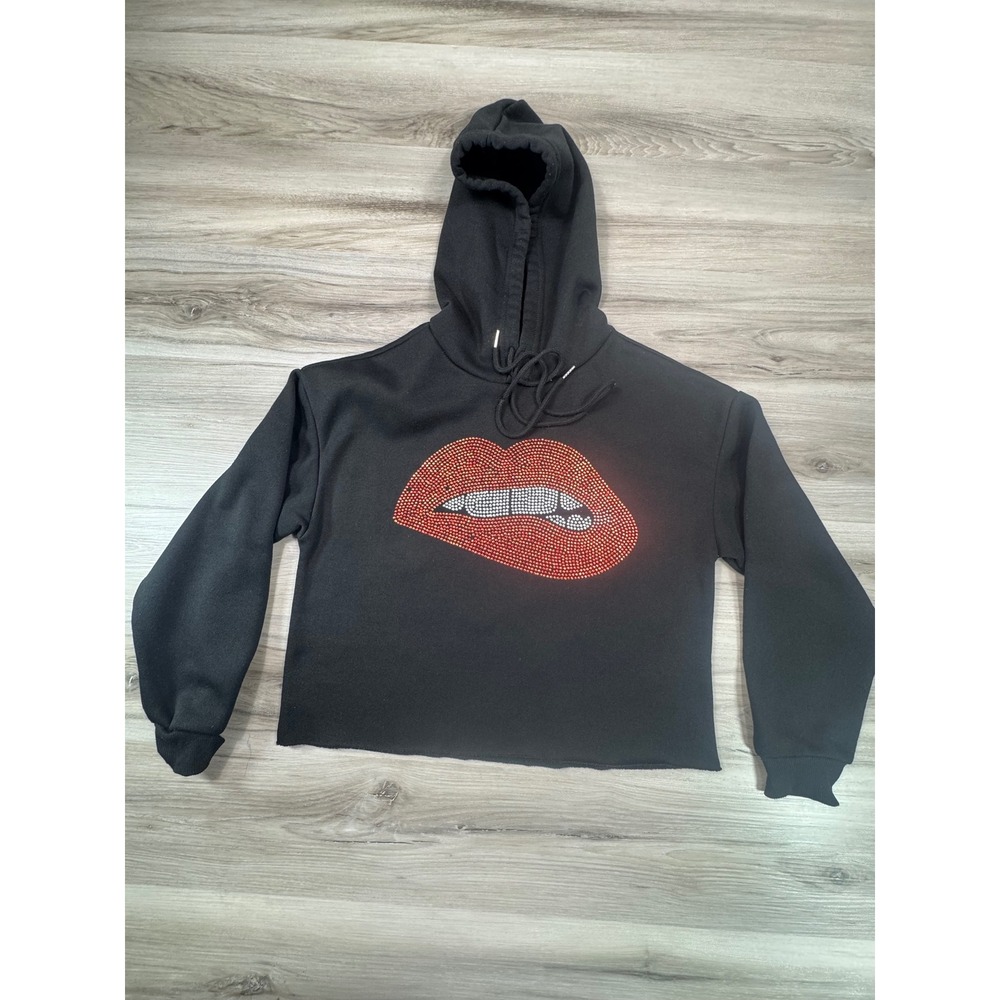 Rainbow Black Cropped Hoodie Rhinestone Lips Drawstring Hood Size M